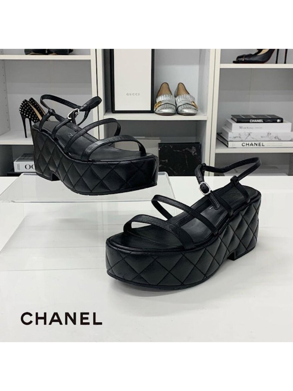Chanel Quilted CC Logo Leather Strap Platform Sandals Black